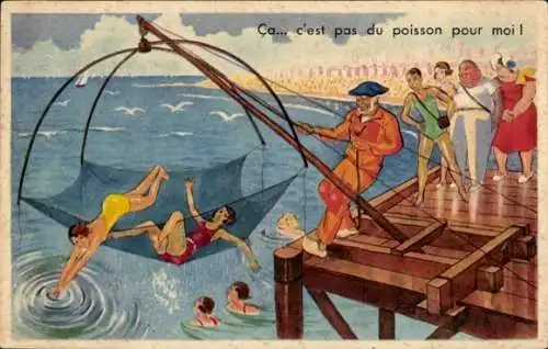 Ak Fischer hat Frauen in Badeanzügen im Netz, Strandleben