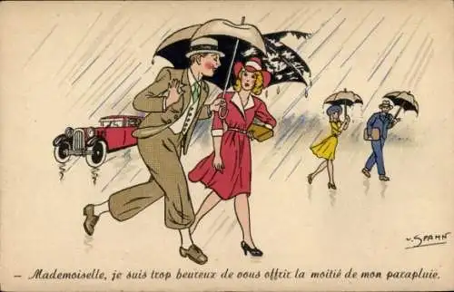 Künstler Ak Spahn, Mademoiselle, je suis trop heureux de vous offrir la moitie de mon parapluie