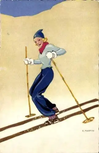 Künstler Ak Martin, E., Frau fährt Ski, Skifahrt, Wintersport