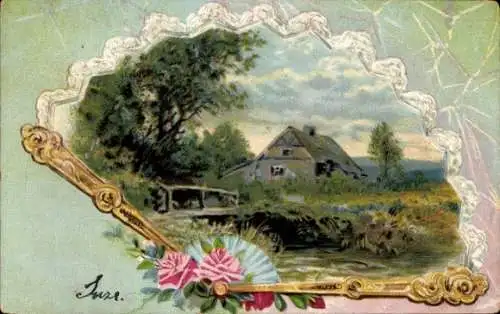 Litho Fächer, Wohnhaus, Fluss, Wiese, Kitsch