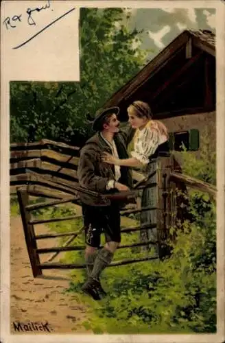 Präge Künstler Litho Mailick, Liebespaar, Zaun, Volkstrachten