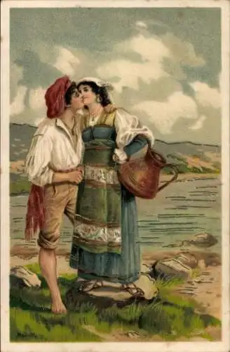 Künstler Litho Mailick, Italienisches Bauernpaar, Kuss am Wasser