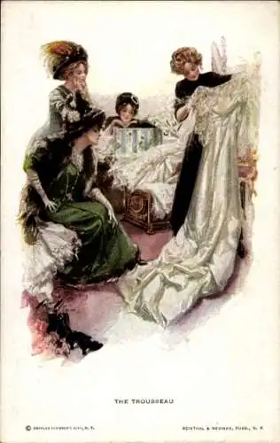 Künstler Ak, Vier Frauen in festlicher Abendkleidung, Brautkleid, The Trousseau