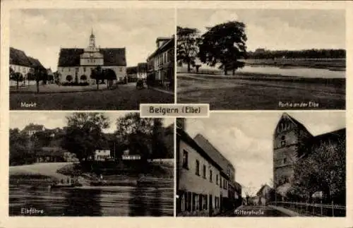 Ak Belgern Schildau in Nordsachsen, Markt, Partie an der Elbe, Elbfähre, Ritterstraße