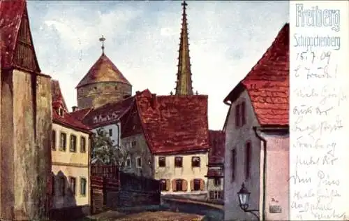 Künstler Ak Freiberg im Kreis Mittelsachsen, Schippchenberg, Donatsturm, Kornblumentag 1913