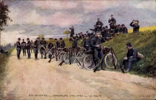 Künstler Ak En Guerre, Chasseurs Cyclistes, la Halte, französische Soldaten, Fahrräder