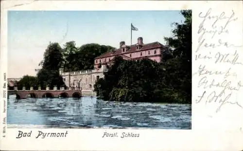 Leuchtfenster Ak Bad Pyrmont in Niedersachsen, Wasserpartie am Fürstl. Schloss mit Brücke