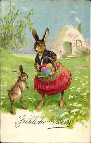 Ak Glückwunsch Ostern, Osterhase mit Osterkorb, Ostereier