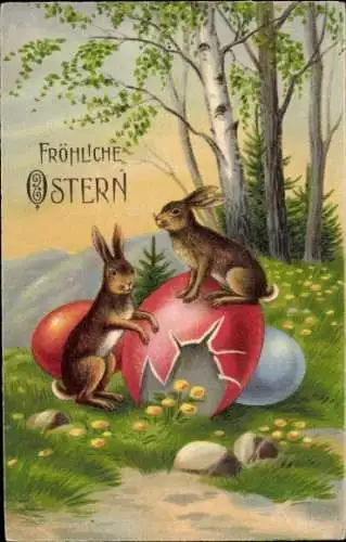 Ak Frohe Ostern, Zwei Hasen die aus einem Ei schlüpfen, umgeben von Blumen