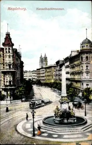 Ak Magdeburg an der Elbe, Hasselbachbrunnen, Straßenbahn