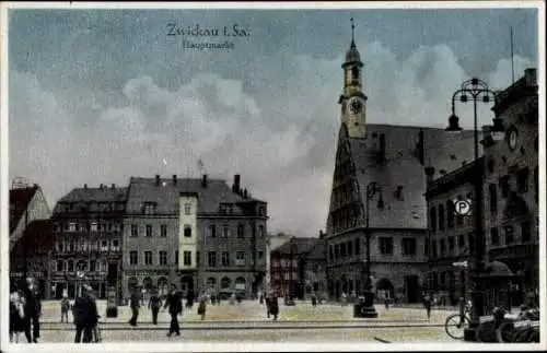 Ak Zwickau Sachsen, Partie am Hauptmarkt, Geschäft von Max Schiff, Parkschild