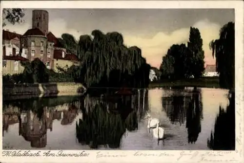 Ak Mönchengladbach am Niederrhein, Weiher, Schwäne, Turm