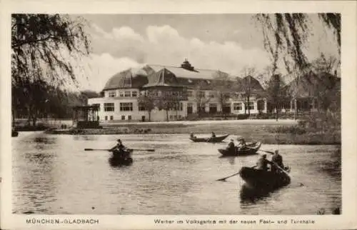 Ak Mönchengladbach am Niederrhein, Weiher, Volksgarten, Festhalle, Turnhalle, Ruderboote