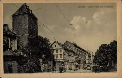 Ak Mainz am Rhein, Eiserner Turm, Rheinstraße, Straßenbahn