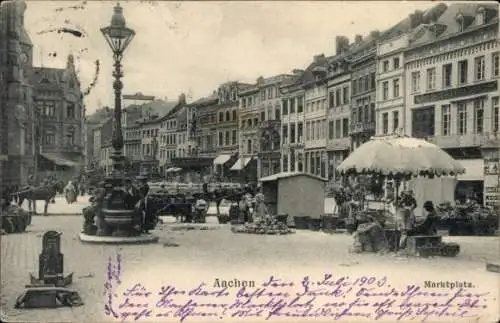 Ak Aachen, Marktplatz, Marktstände