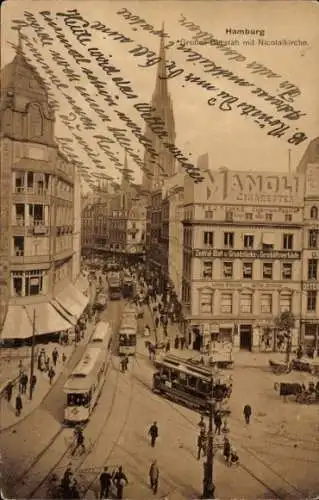 Ak Hamburg Mitte Altstadt, Großer Burstah, Nicolaikirche, Staßenbahnen