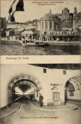 Ak Hamburg Mitte St. Pauli, Landungsbrücke, Tunneleinfahrt, Navigationsschule, Elbtunnel