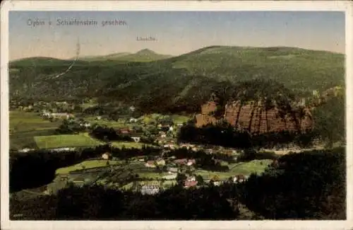 Ak Oybin in der Oberlausitz, Töpfer, Mehrere Gebäude, dahinter ein bewaldeter Berg