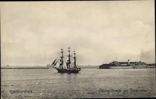 Ak København Kopenhagen Dänemark, Georg Stage og Trekoner, Segelschiff