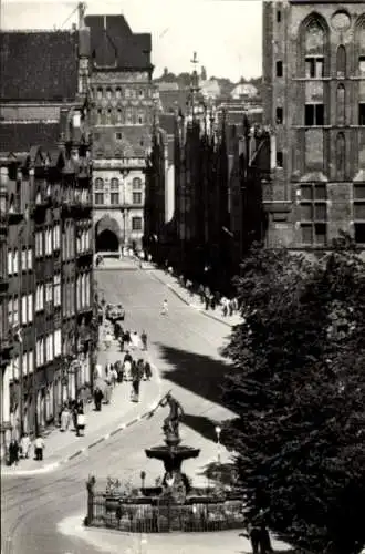 Ak Gdańsk Danzig, Ulica Dluga w kierunku Zlotej Bramy, Langgasse, Brunnen