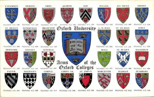 Wappen Studentika Ak Oxford Oxfordshire England, Wappen der Colleges, Universität Oxford