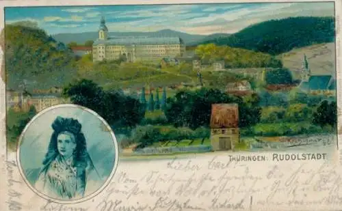 Künstler Litho Kirschner, Rudolstadt in Thüringen, Gesamtansicht, Frau in Tracht