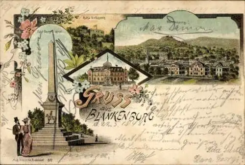 Litho Bad Blankenburg in Thüringen, Ruine Greifenstein, Fürst Georg Denkmal, Postamt