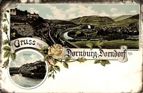 Litho Dornburg Dorndorf Camburg in Thüringen, Gesamtansicht, Schloss