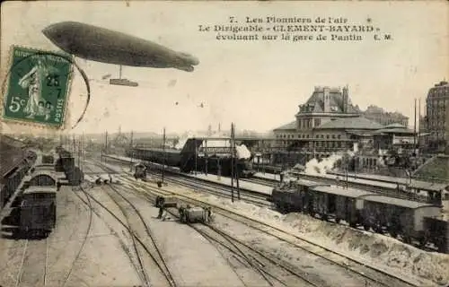 CPA Pantin Seine Saint Denis, Gare, Dirigeable Clement-Bayard