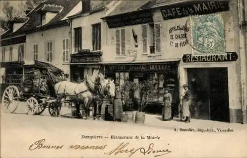 Ak Dampierre Seine-et-Oise Yvelines, CAFE de la MAIRIE, ARTICLES de PARIS, DE CHASSE ET DE PEC...