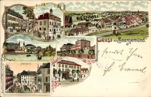 Litho Sarreguemines Saargemünd Lothringen Moselle, Rathaus, Höhere Töchterschule, Markt, Kaserne