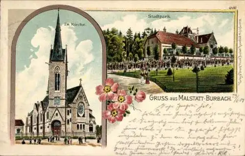 Litho Malstatt Burbach Saarbrücken im Saarland, Stadtpark, Kirche