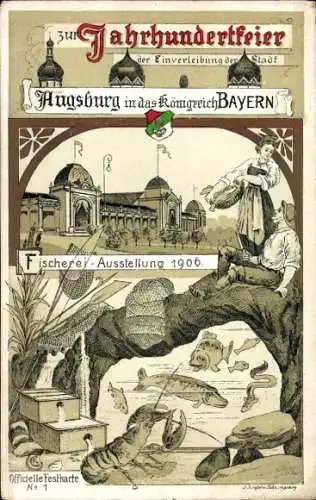 Litho Augsburg in Schwaben, Königreich Bayern, Jahrhundertfeier, Fischerei-Ausstellung 1906