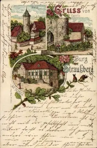 Litho Straußberg Sondershausen im Kyffhäuserkreis Thüringen, Burg, Kapelle, Restaurant