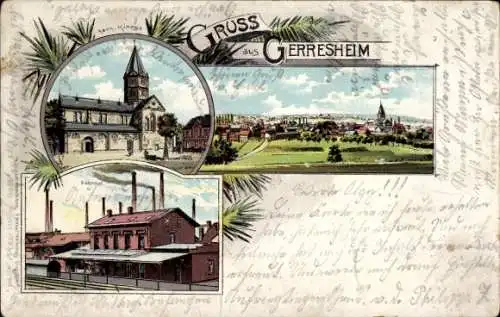 Litho Gerresheim Düsseldorf am Rhein, Gesamtansicht, Kirche, Bahnhof