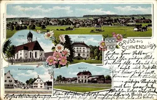 Litho Schwendi in Oberschwaben, Panorama, Kirche, Schloss, Bahnhof, Bahnhofstraße