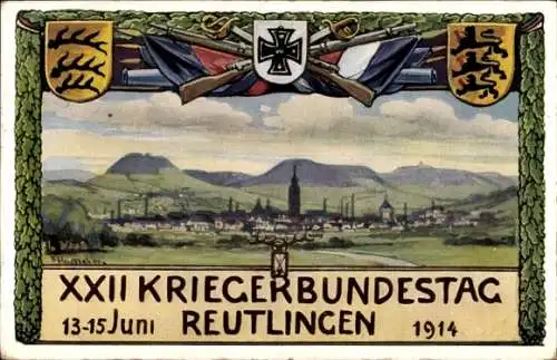 Künstler Ak Reutlingen in Württemberg, XXII. Kriegerbundestag 1914, Wappen, Fahnen