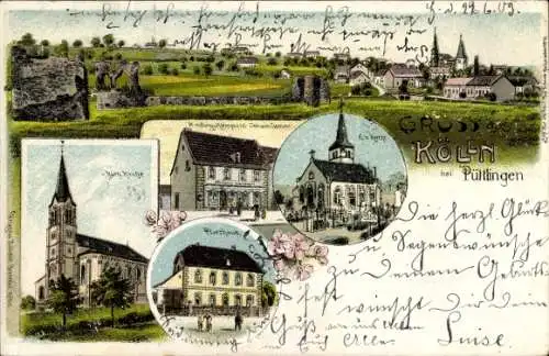 Litho Kölln Köllerbach Püttlingen im Saarland, Gesamtansicht, Kirche, Pfarrhaus, Geschäftshaus