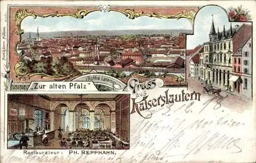 Litho Kaiserslautern in der Pfalz, Gesamtansicht, Rote Laterne, Zur alten Pfalz