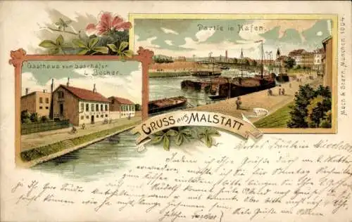 Litho Malstatt Saarbrücken im Saarland, Gasthaus zum Saarhafen, Hafen