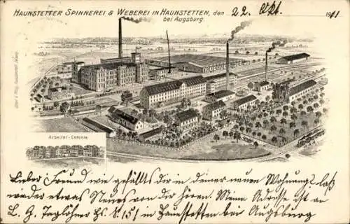 Litho Haunstetten Siebenbrunn Augsburg Schwaben, Haunstetter Spinnerei und Weberei, Arbeiter-Kolonie