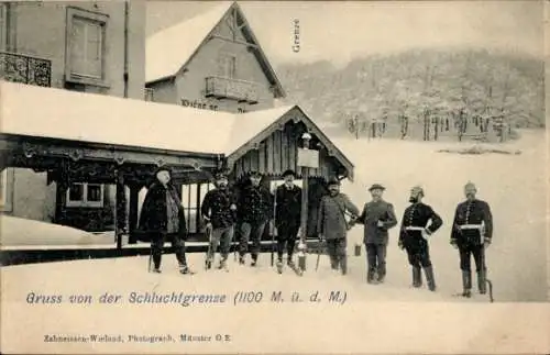 Ak Col de la Schlucht Vosges, Gruß von der Schluchtgrenze, Grenzbeamte, Winter