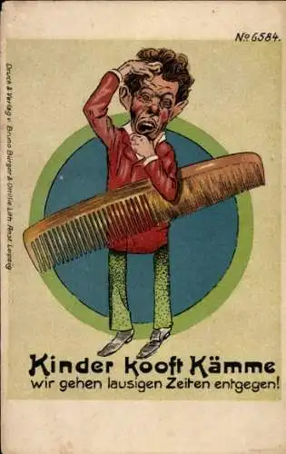 Litho Kinder kooft Kämme, wir gehen lausigen Zeiten entgegen, Bruno Bürger 6584