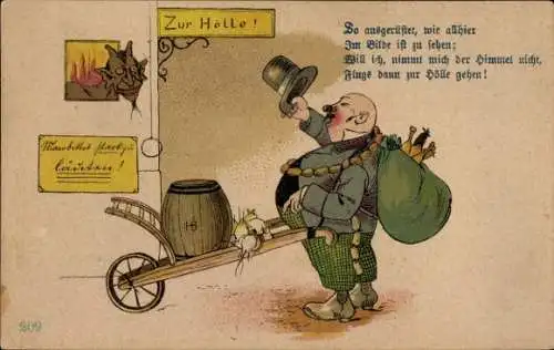 Litho Zur Hölle, Teufel, dicker Mann mit Karre, Bierfass