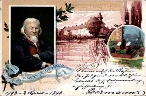 Litho August Hoffmann von Fallersleben, Portrait, Grab, Schloss Carvey