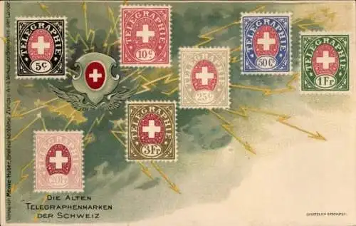 Präge Briefmarken Ak Die alten Telegraphenmarken der Schweiz, Telegraphie