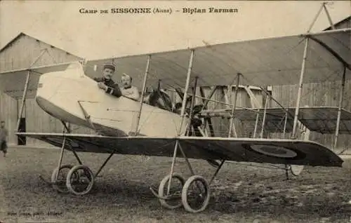 Ak Sissonne Aisne, Camp de Sissonne, Biplan Farman