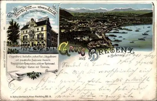 Litho Bregenz am Bodensee Vorarlberg, Gesamtansicht, Hotel Post, schwarzer Adler