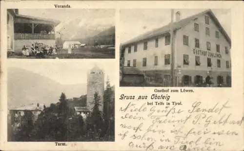 Ak Obsteig Tirol, Gasthof zum Löwen, Veranda, Turm