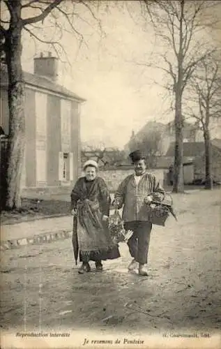 Ak Pontoise Val d'Oise, Mann und Frau in traditioneller Kleidung, Rückkehr vom Markt